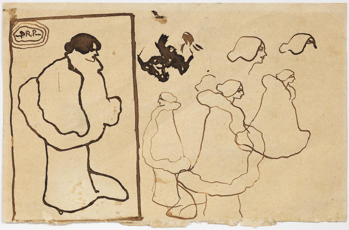 Diversos croquis de dona amb vestit de cua, i dos caps d'home