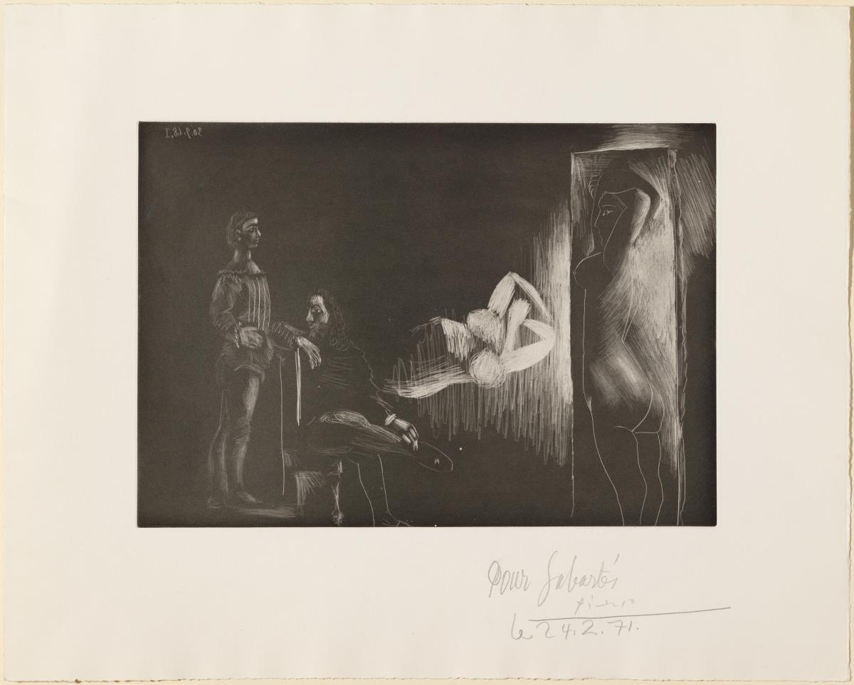 Scene from "The Unknown Masterpiece" by Balzac: Pourbus and the young Poussin at Frenhofer's