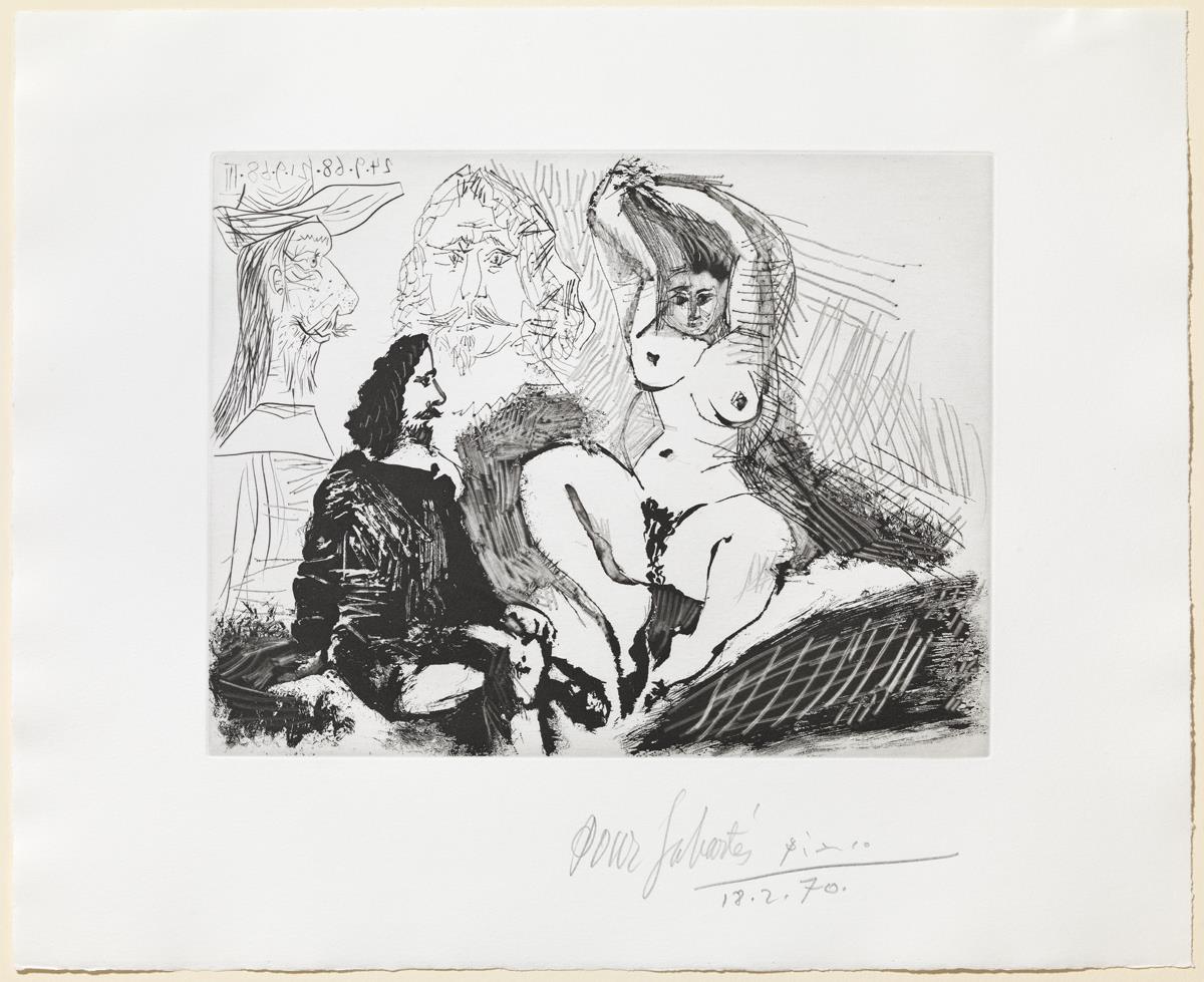 Man Seated beside a Woman Brushing her Hair