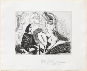 Man Seated beside a Woman Brushing her Hair