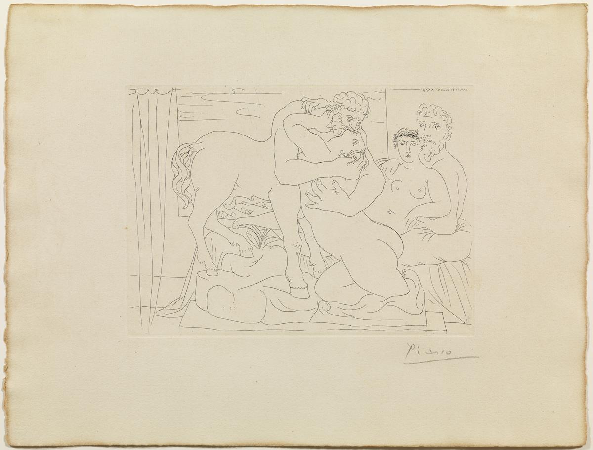 Escultor i la seva model amb un conjunt escultòric representant un centaure abraçant una dona