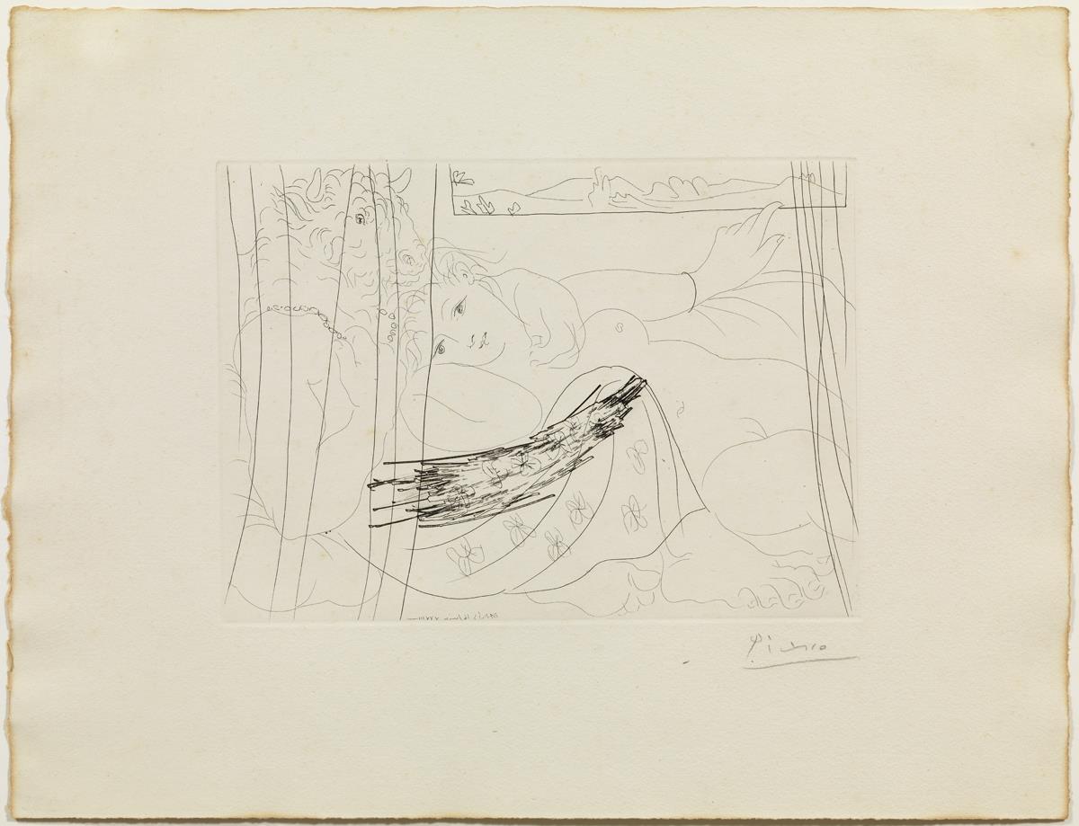 Intertwined Minotaur and Young Woman Dreaming Beneath a Window