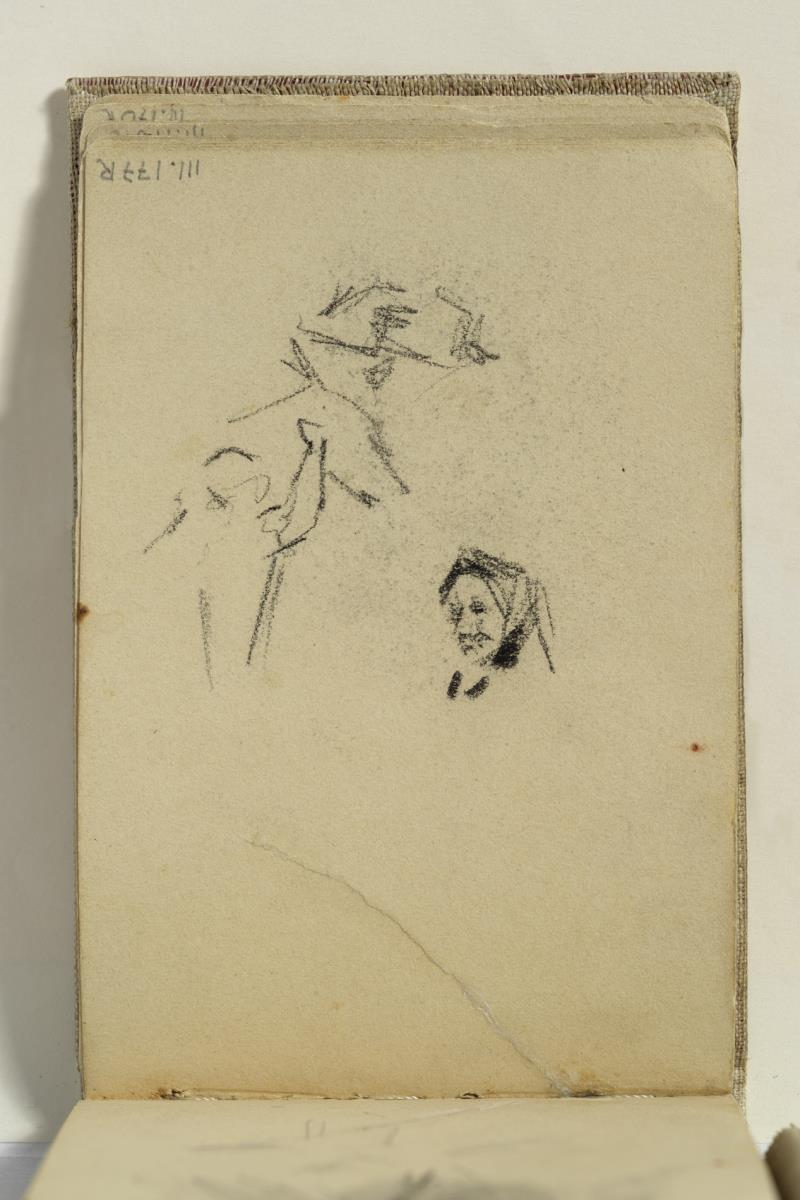 Cabeza de mujer y muchacho acariciando un caballo