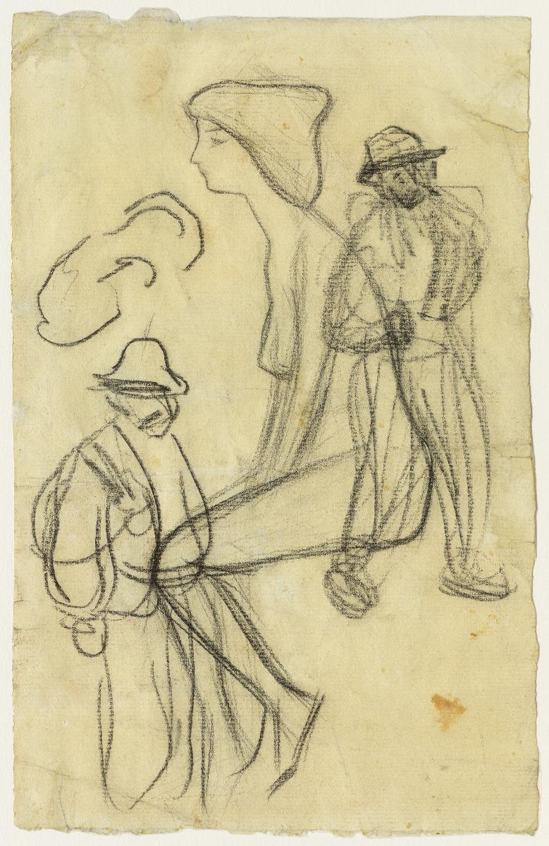 Nu femení, assegut, i dues figures masculines