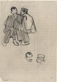 Hombres sentados, y croquis de sus cabezas