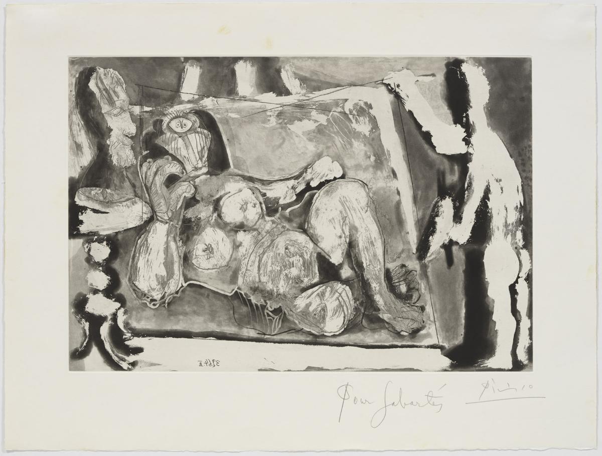 Painter Working on a Large Canvas that Has next to it a Sculpture on a Pedestal Table