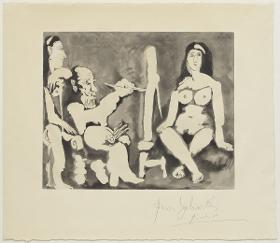 Pintor y modelo con espectadora con cinta