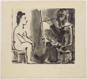 Pintor y modelo en un taburete