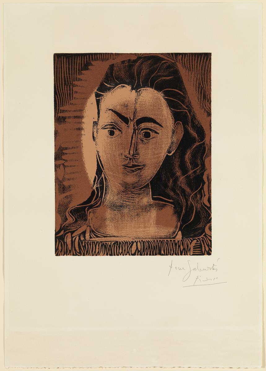 Retrato de Jacqueline con vestido estampado