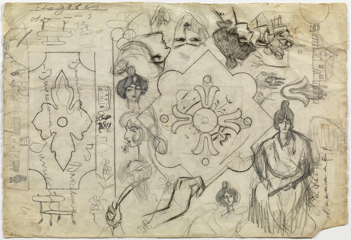 Dona amb pinta i ventall, i altres croquis