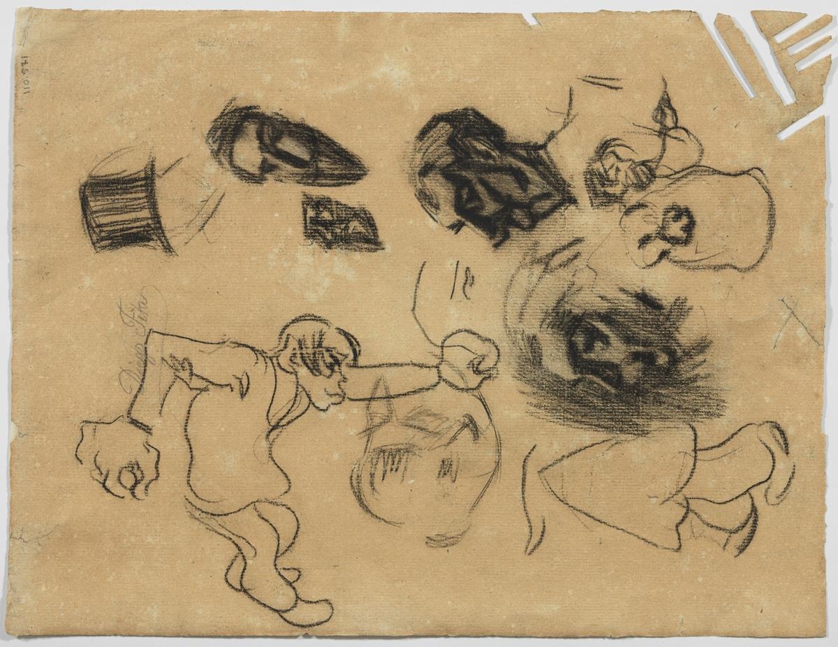 Caricatura d'un personatge masculí amb grans punys, i altres croquis