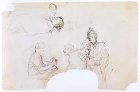 Hombres jugando a cartas, mujer y enano