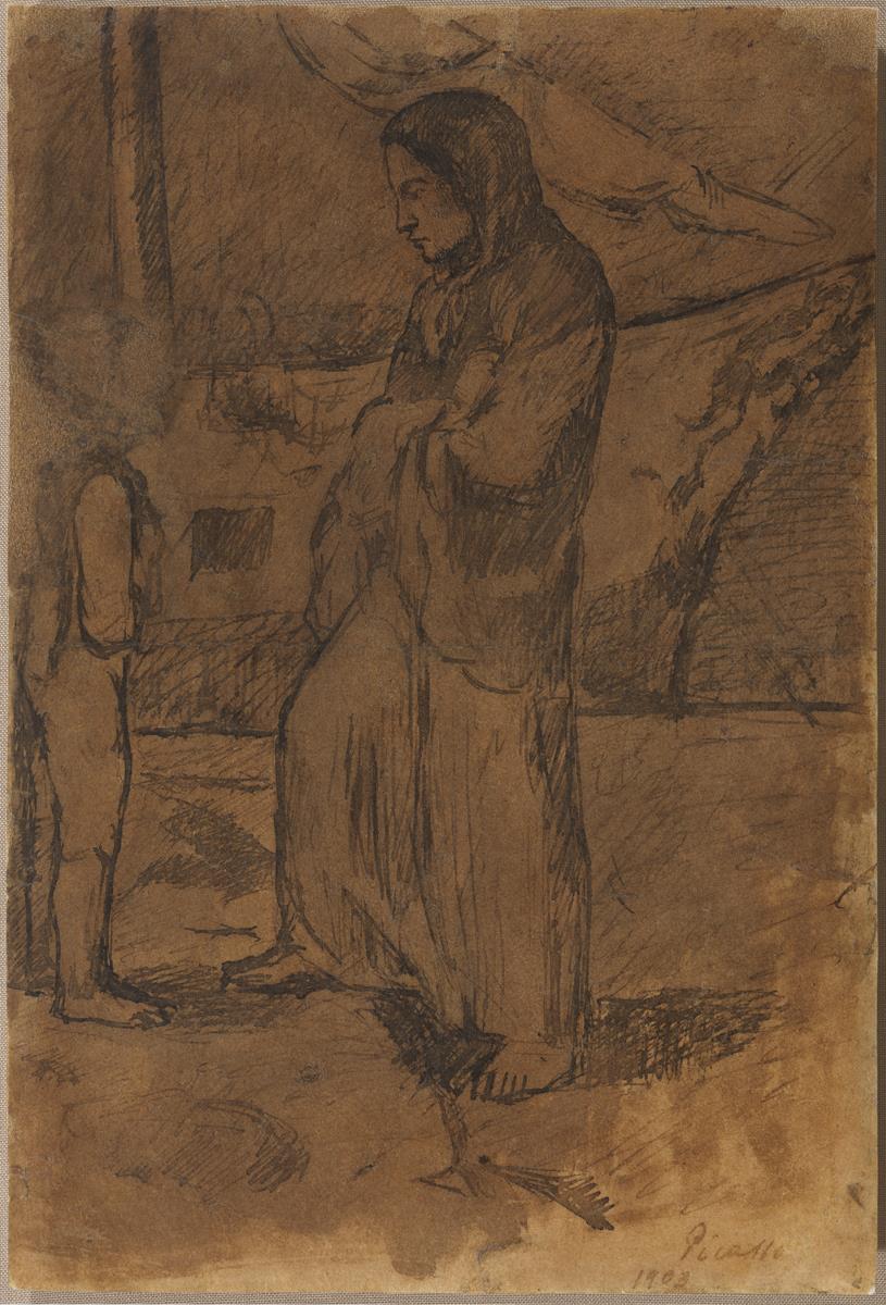 Mujer y niño junto a un velero