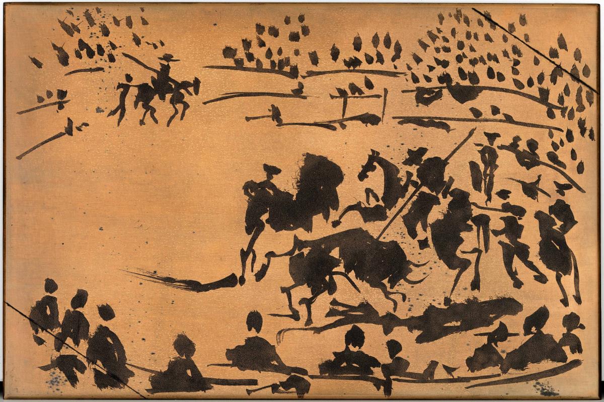 "El picador obligando al toro con su pica"