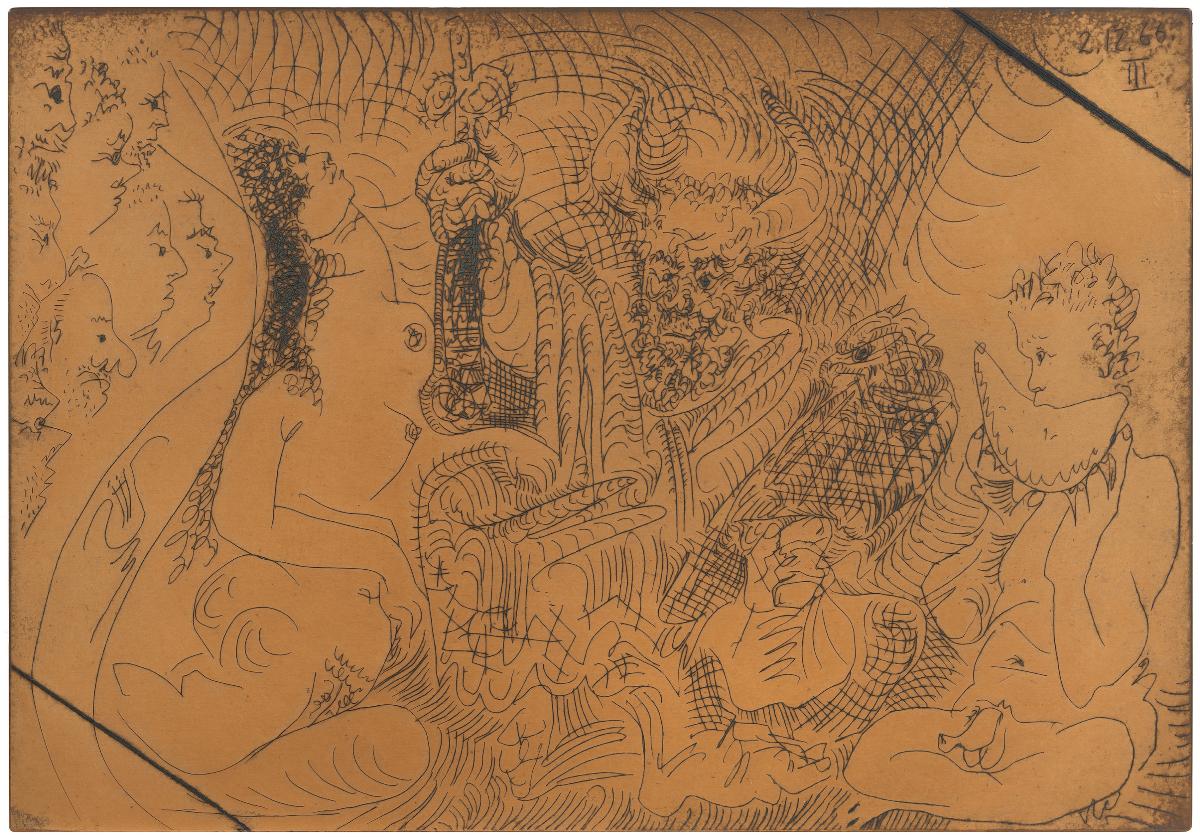 Theatre: Horned as Zeus, with His Eagle, Woman and Character Eating Watermelon