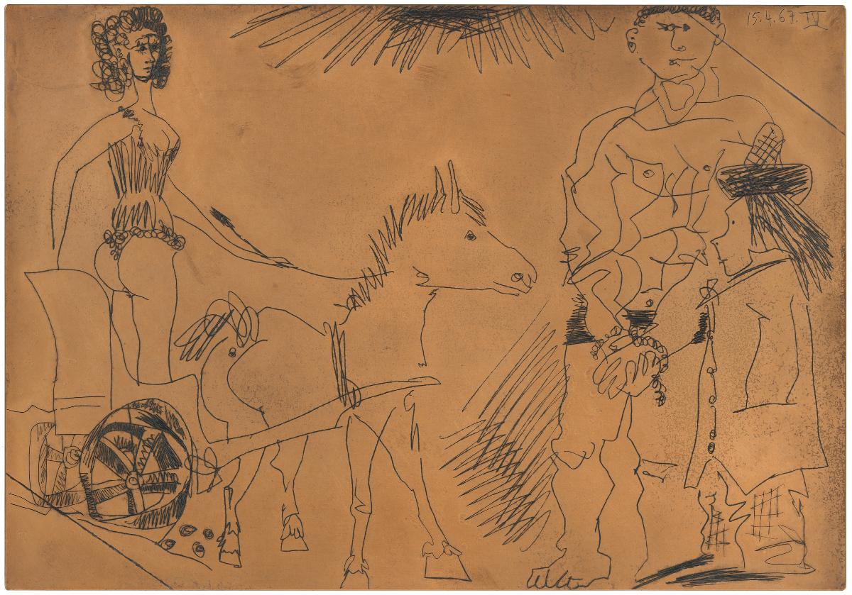 Circus Scene with a Female Rider in a Chariot Pulled by a Donkey