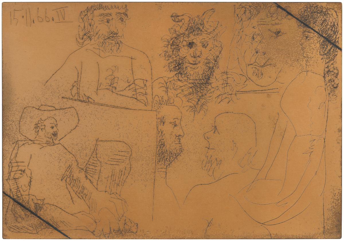 Woman, Faun, and Bearded Men, Looking at Paintings
