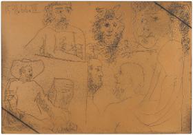 Woman, Faun, and Bearded Men, Looking at Paintings