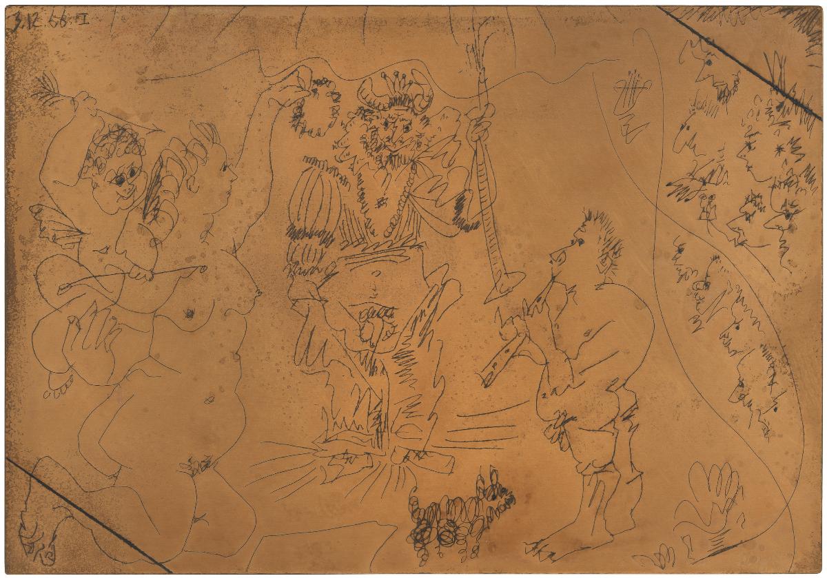 At the Theatre: the Cuckold Crowned by Venus, with Cupid, Flautist and Small Dog