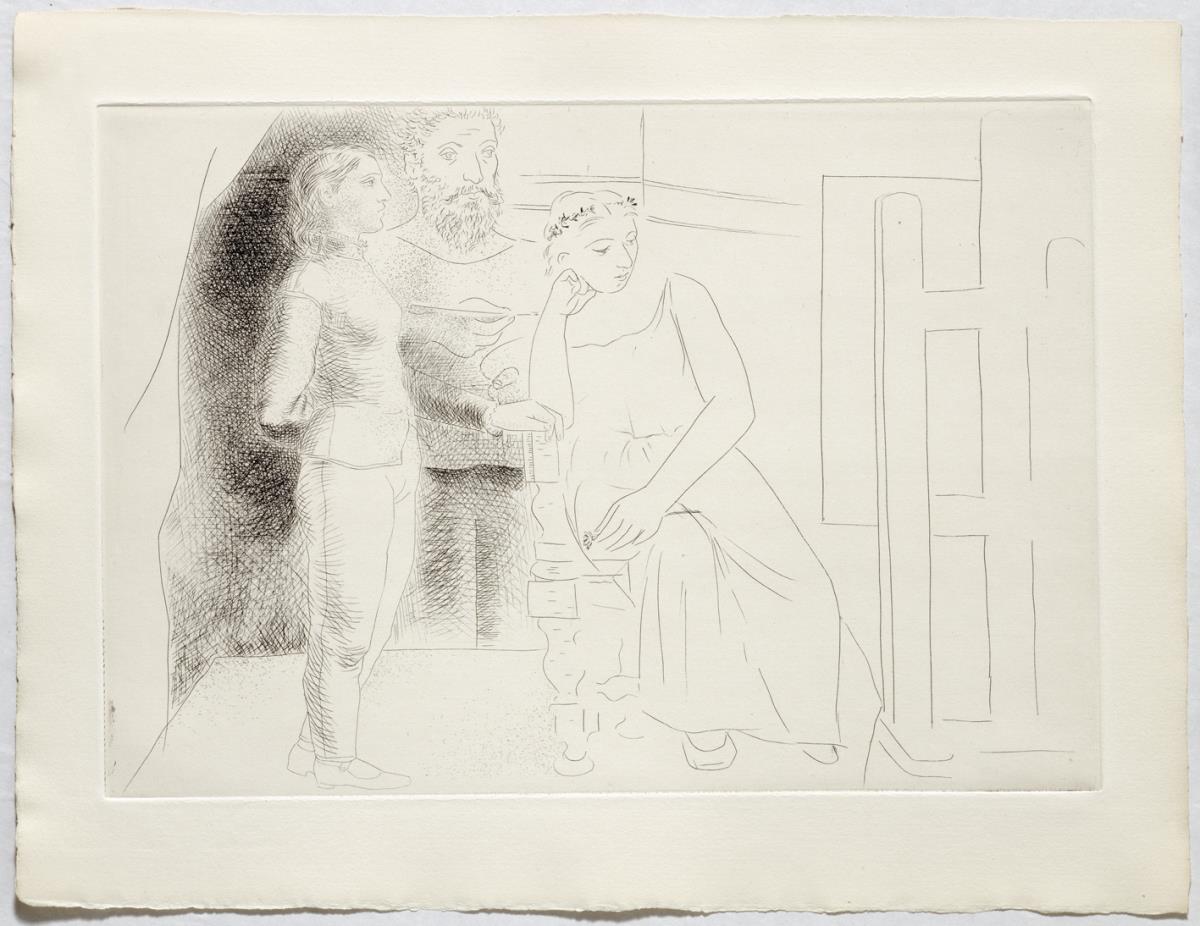 Painter with two models looking at a canvas