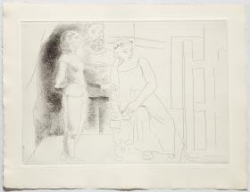 Painter with two models looking at a canvas