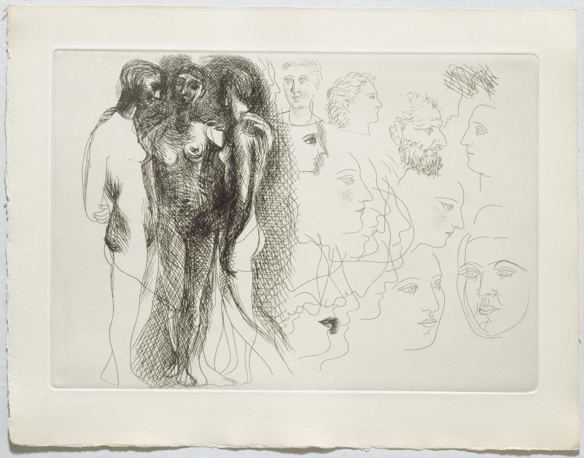 Three Standing Nudes, with Sketches of Faces