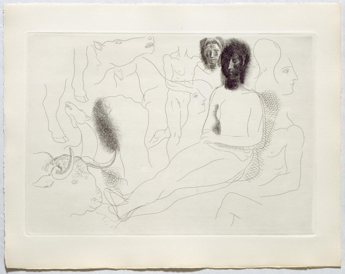 Seated Nude and Sketches (Horses, Bull, Bullfighter...)
