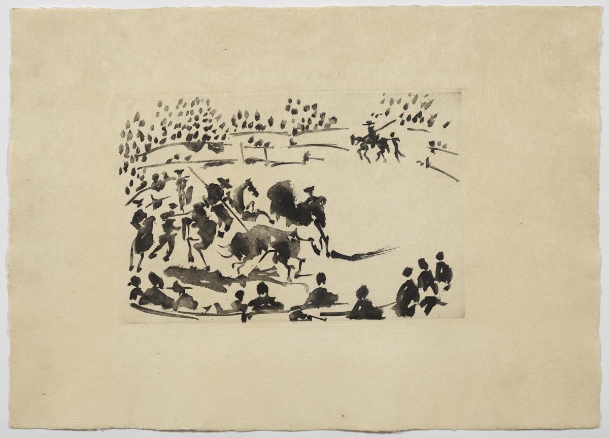 "El picador obligando al toro con su pica"