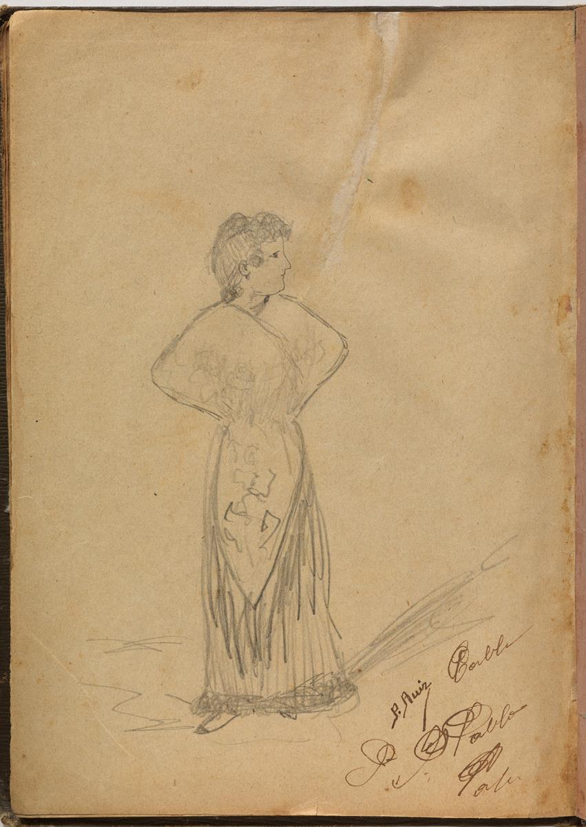 Personatge femení amb els braços a la cintura i amb mantó de manila