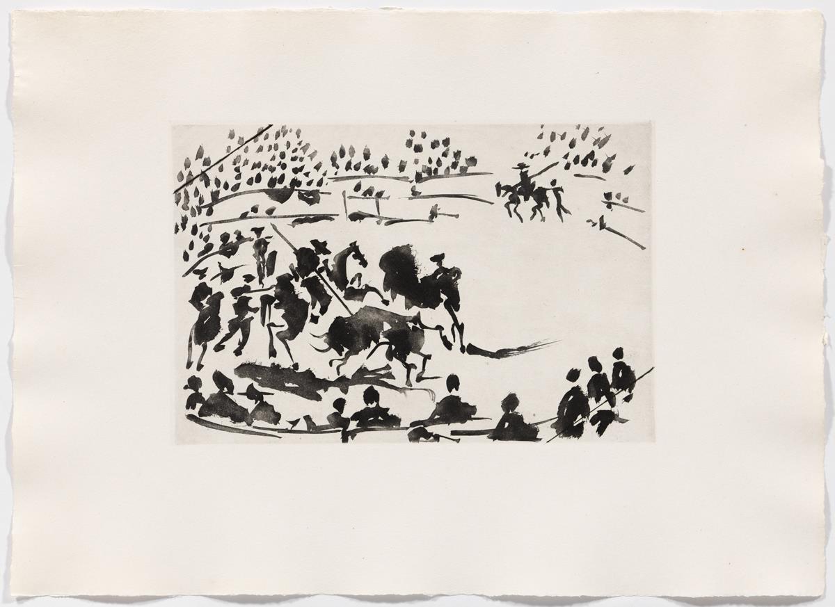 "El picador obligando al toro con su pica"