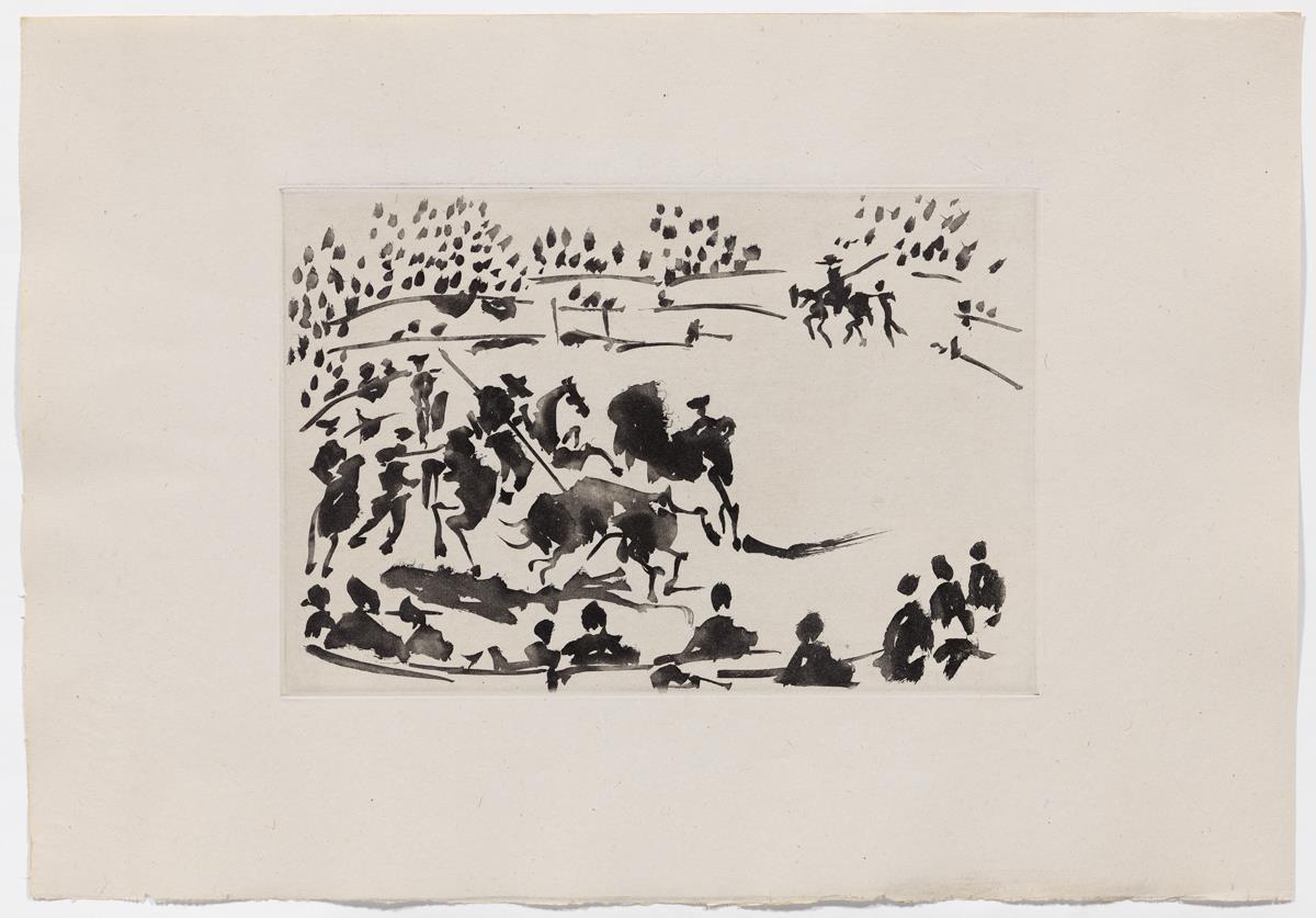 "El picador obligando al toro con su pica"