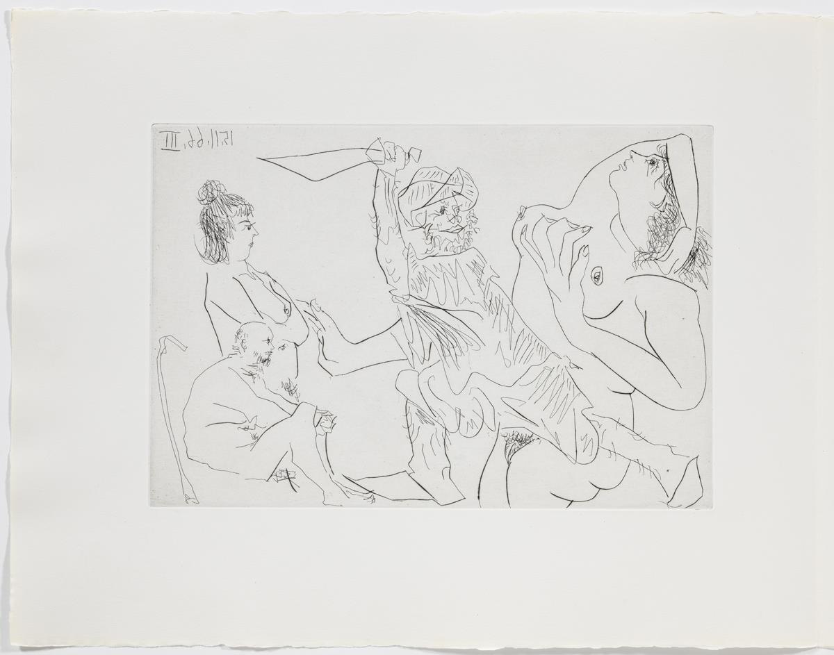 Home amb babutxes amenaçant una dona despullada amb un punyal davant de dos espectadors vells