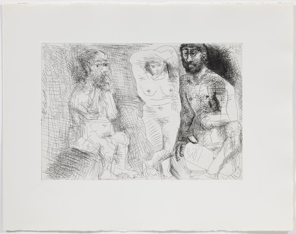 Two Bearded Men with a Naked Woman