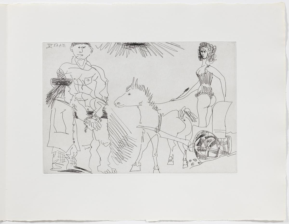 Escena de circ amb una amazona enfilada en un carro menat per un ase