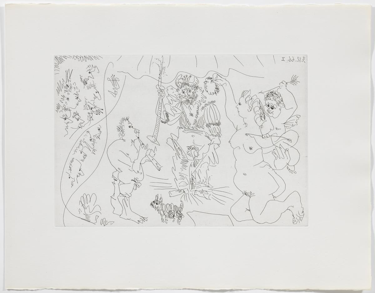 Al teatre: el banyut coronat per Venus, amb un amoret, un flautista i un gosset