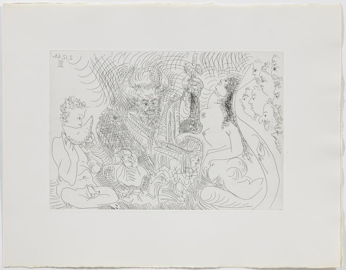 Al teatre: cornut com Zeus, amb la seva àguila, dona i personatge que menja síndria