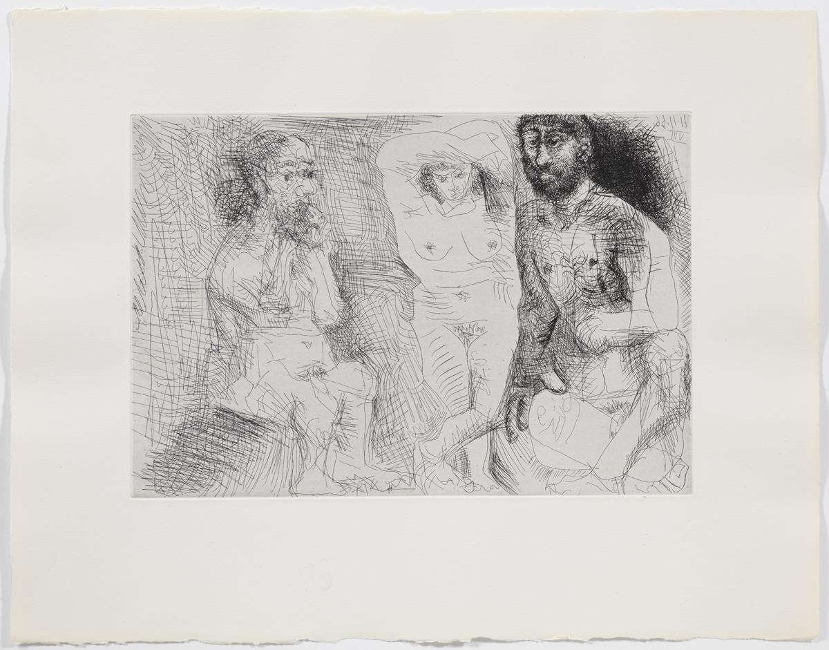 Two Bearded Men with a Naked Woman