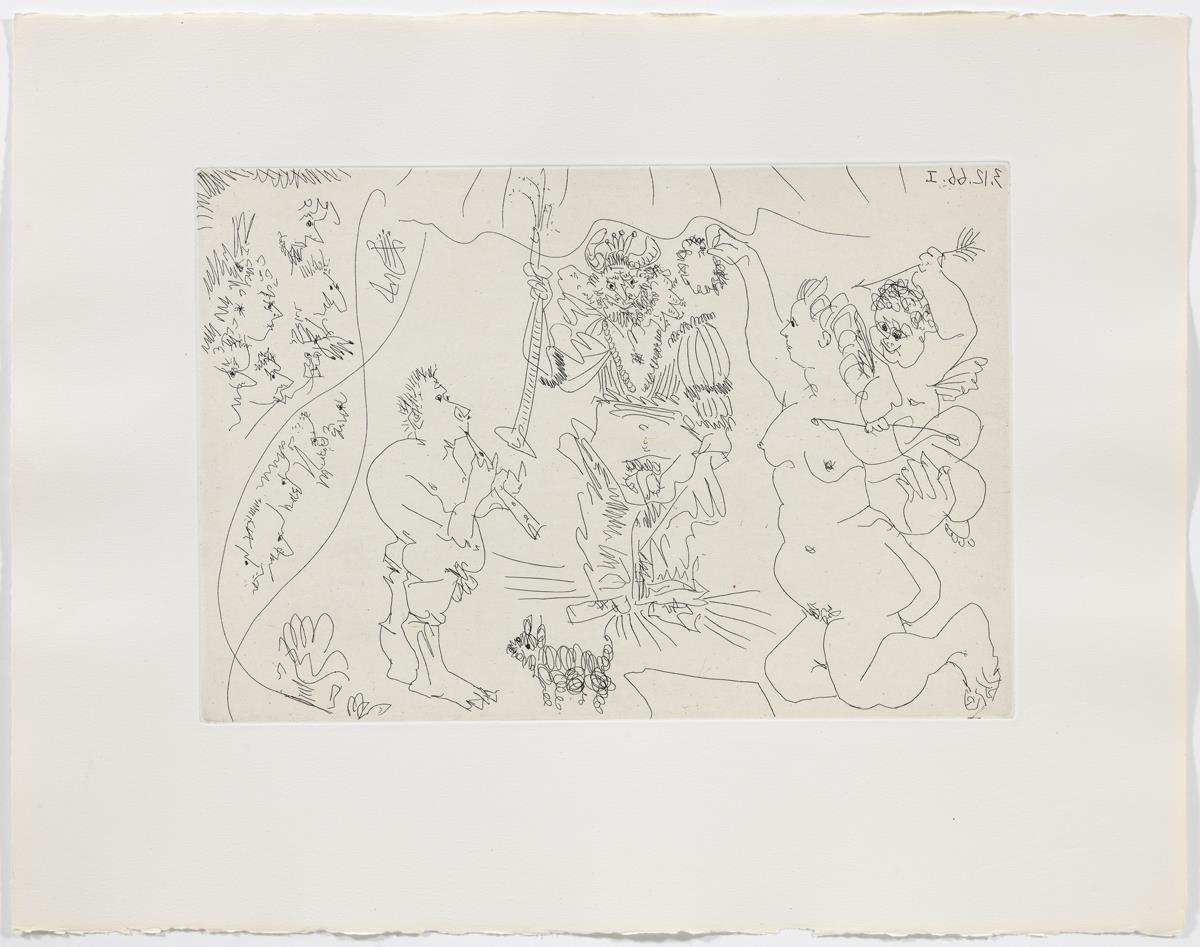 At the Theatre: the Cuckold Crowned by Venus, with Cupid, Flautist and Small Dog