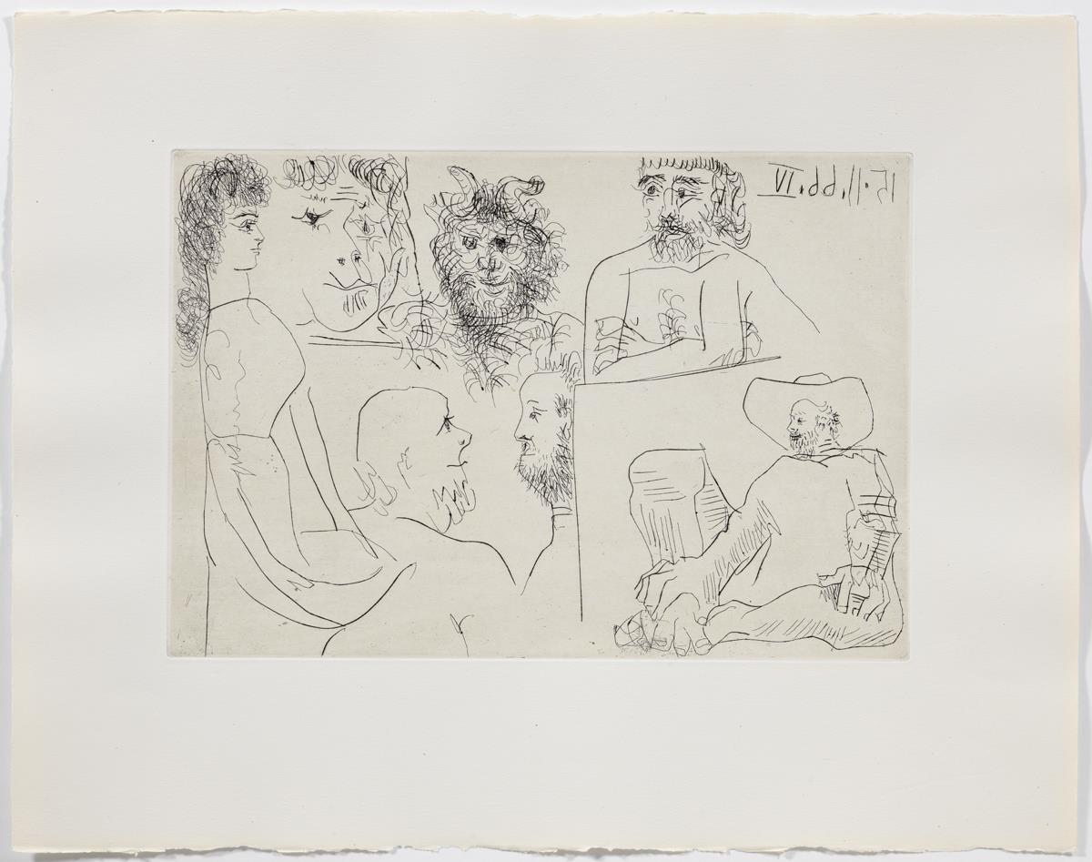 Woman, Faun, and Bearded Men, Looking at Paintings