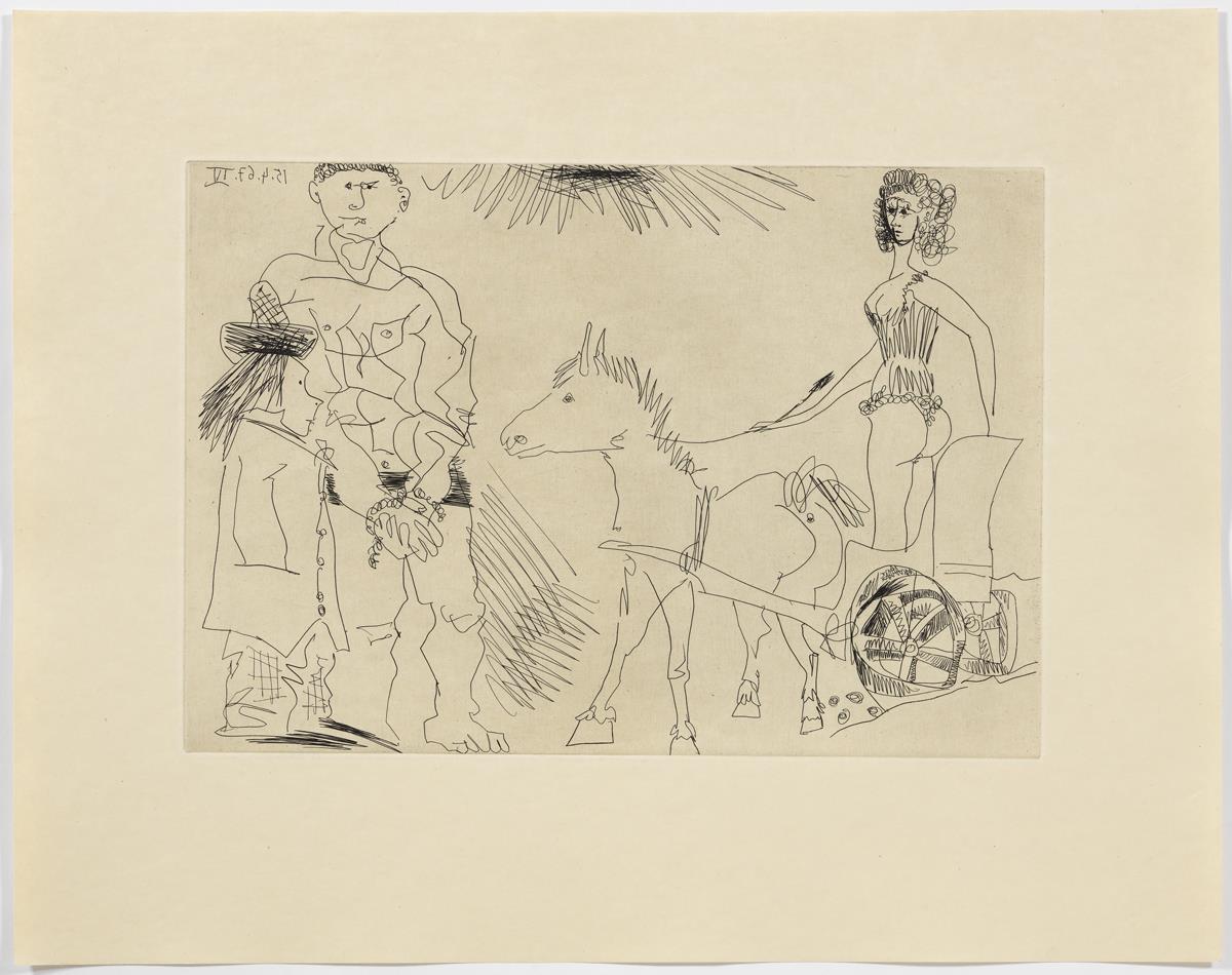 Escena de circ amb una amazona enfilada en un carro menat per un ase