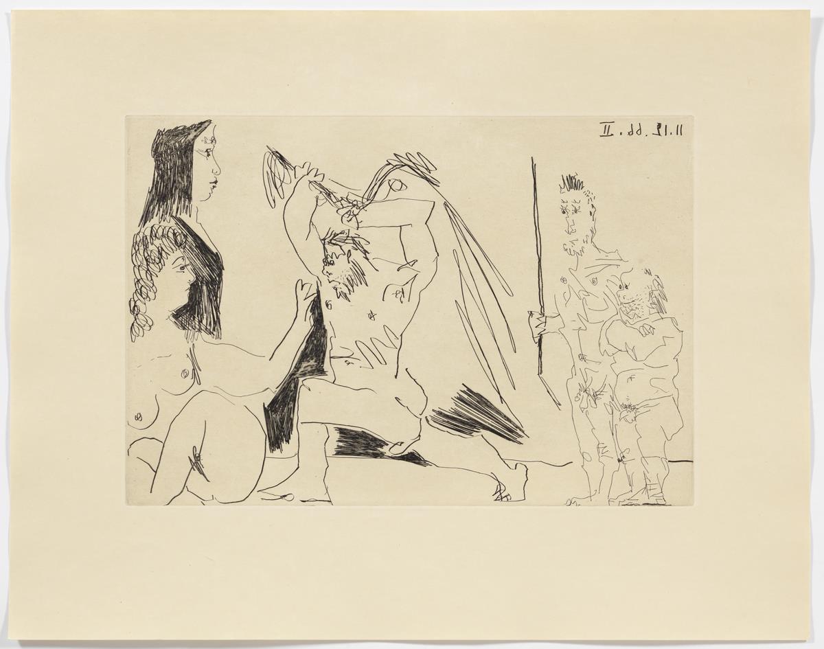 Barbut enfurismat amb dues dones indiferents i dos espectadors