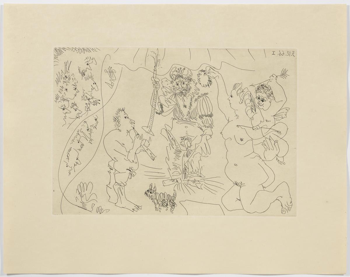 Al teatre: el banyut coronat per Venus, amb un amoret, un flautista i un gosset