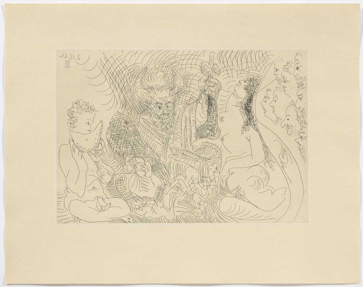 Al teatre: cornut com Zeus, amb la seva àguila, dona i personatge que menja síndria