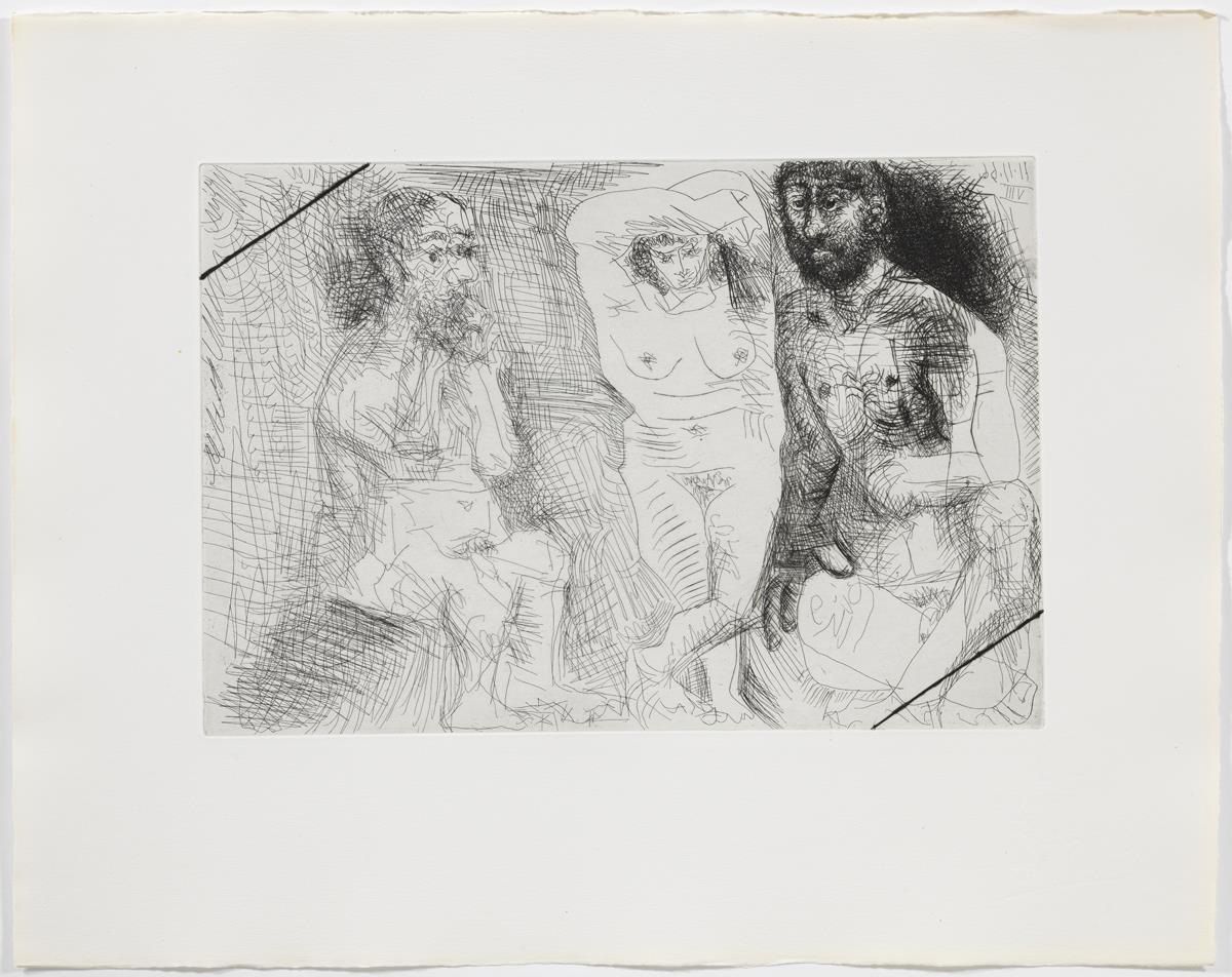 Dos homes barbuts amb una dona despullada