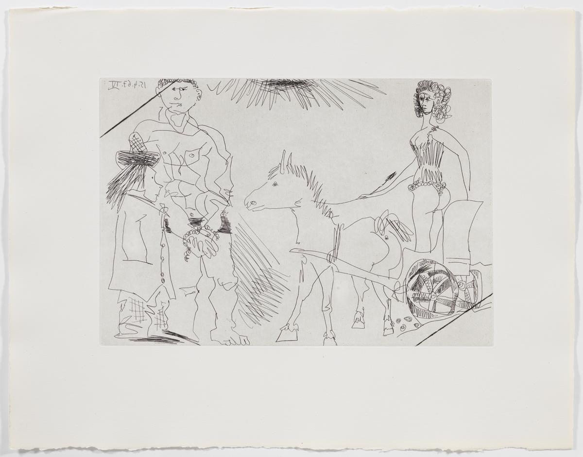 Escena de circ amb una amazona enfilada en un carro menat per un ase