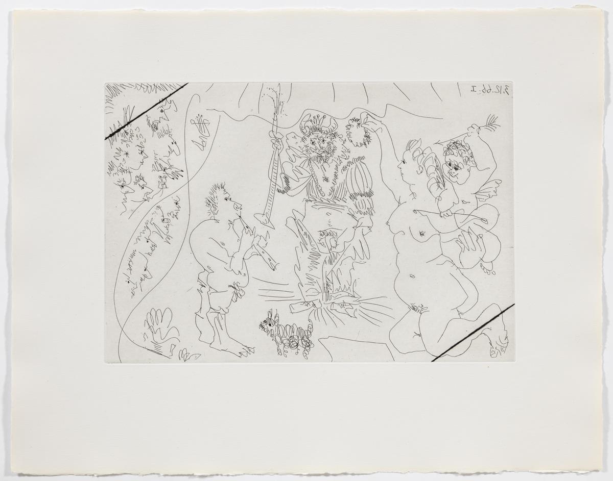 Al teatre: el banyut coronat per Venus, amb un amoret, un flautista i un gosset