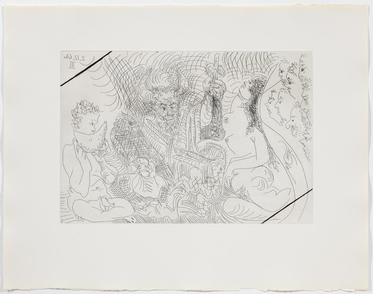 Al teatre: cornut com Zeus, amb la seva àguila, dona i personatge que menja síndria